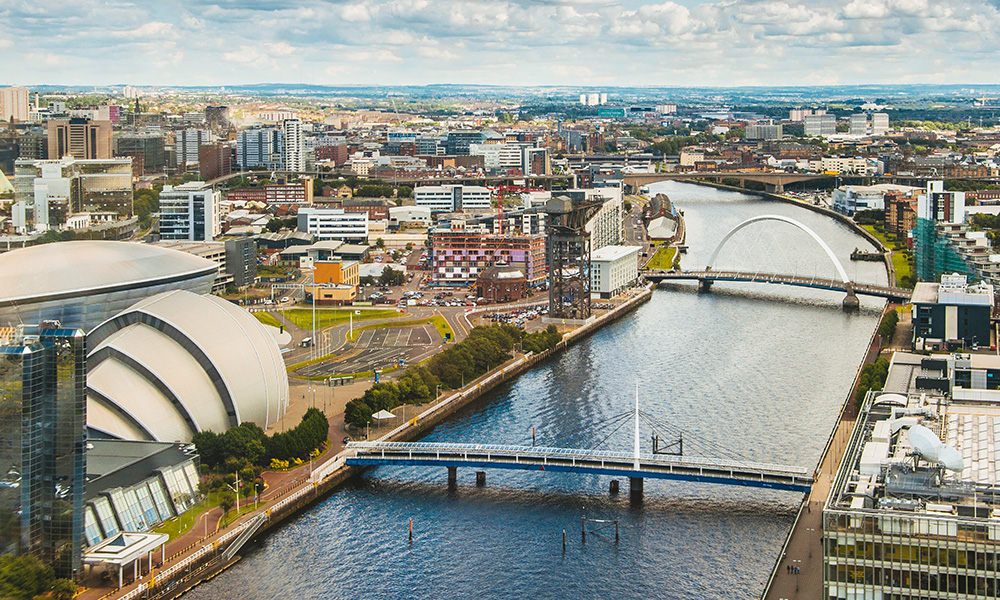 Aerial view of Glasgow Scotland bridges and SEC