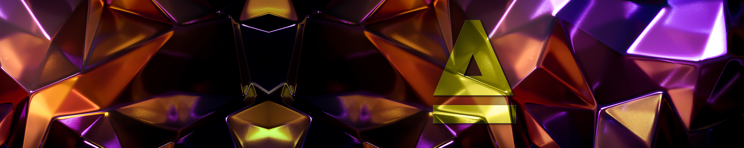 Abstract, faceted geometric background in purple, orange, and gold tones with a metallic gold letter “A” on the right side.
