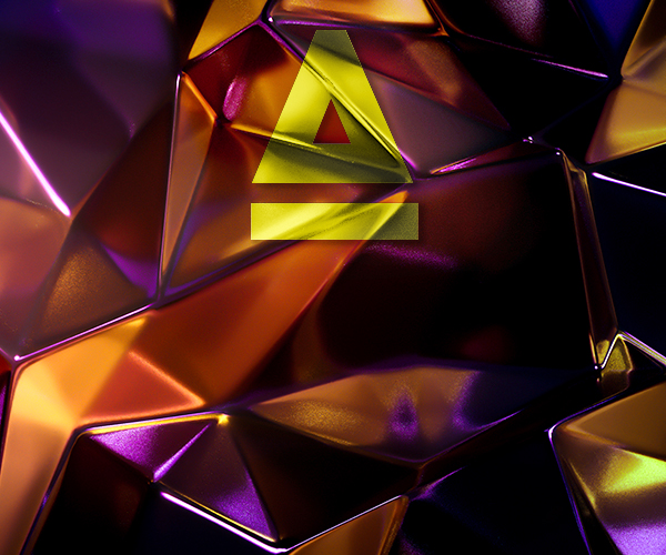 Abstract, faceted geometric background in purple, orange, and gold tones with a metallic gold letter “A” on the right side.