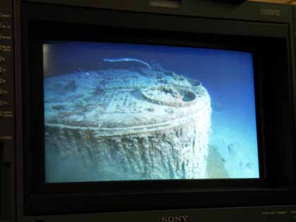 Video monitor showing Titanic wreckage. (Simon Mills by arrangement with the Lone Wolf Documentary Group, ME)