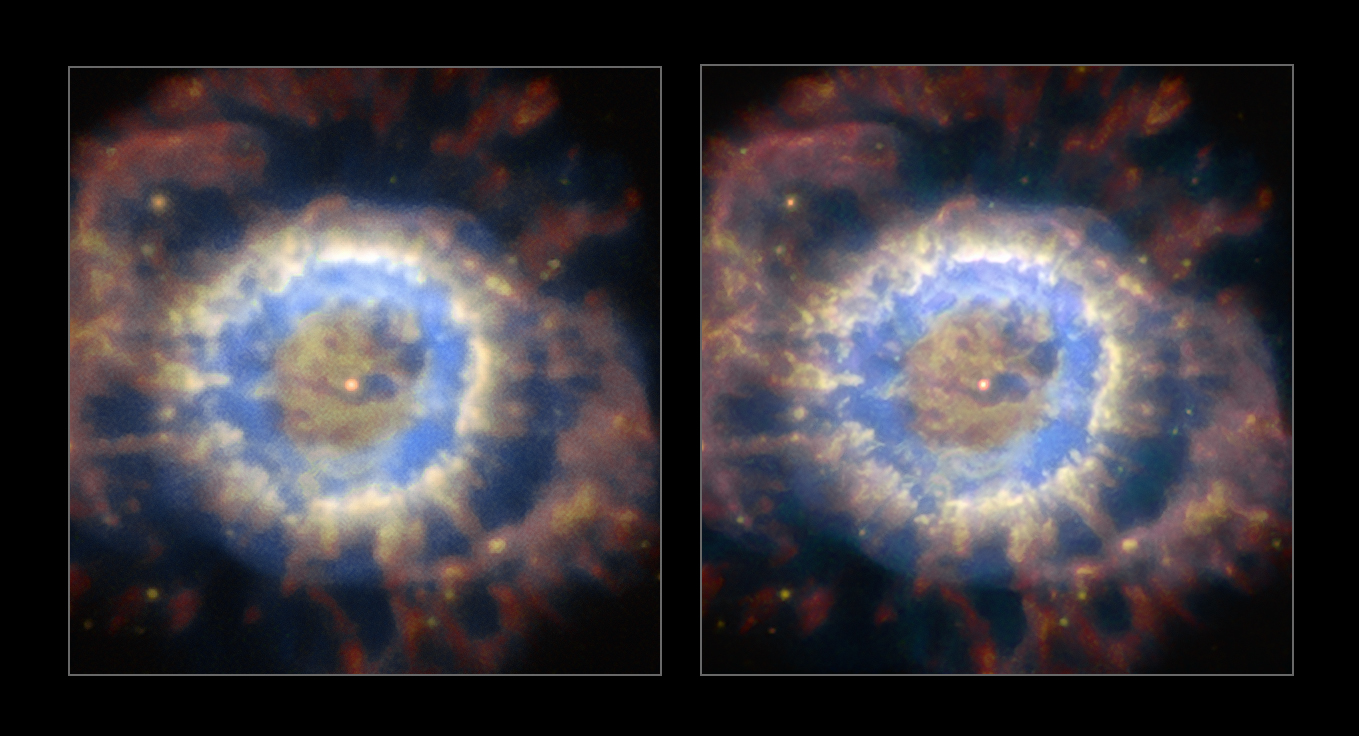 Planetary nebula NGC 6369 in the constellation Ophiuchus, before and after the AOF ground layer correction