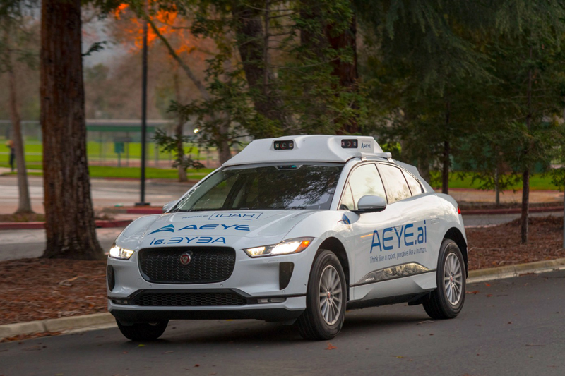 Sensors used in the AEye lidar system are installed on top of this Jaguar