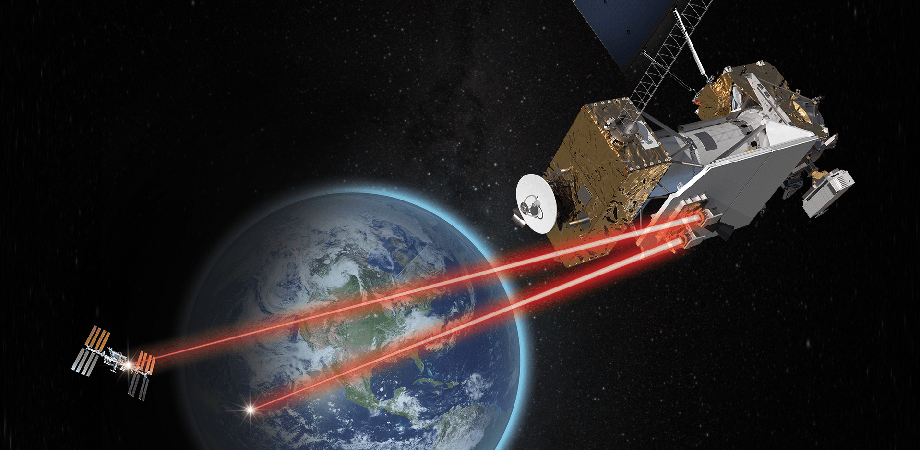 Illustration of NASAs Laser Communications Relay Demonstration communicating with the ISS