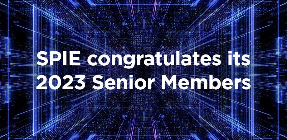 Laser-light background and text saying SPIE congratulates its 2023 Senior Members.