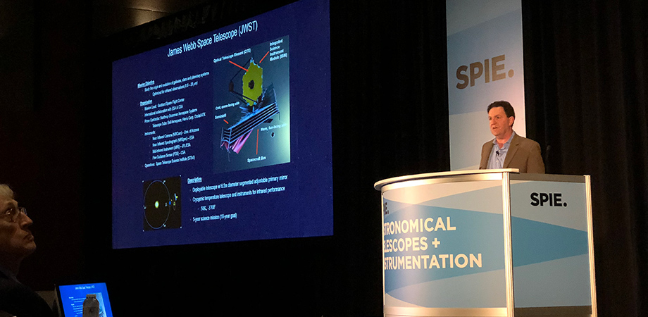 JWST Optical Telescope Element Manager Lee Feinberg speaking at SPIE Astronomical Telescopes + Instrumentation conference in 2018.