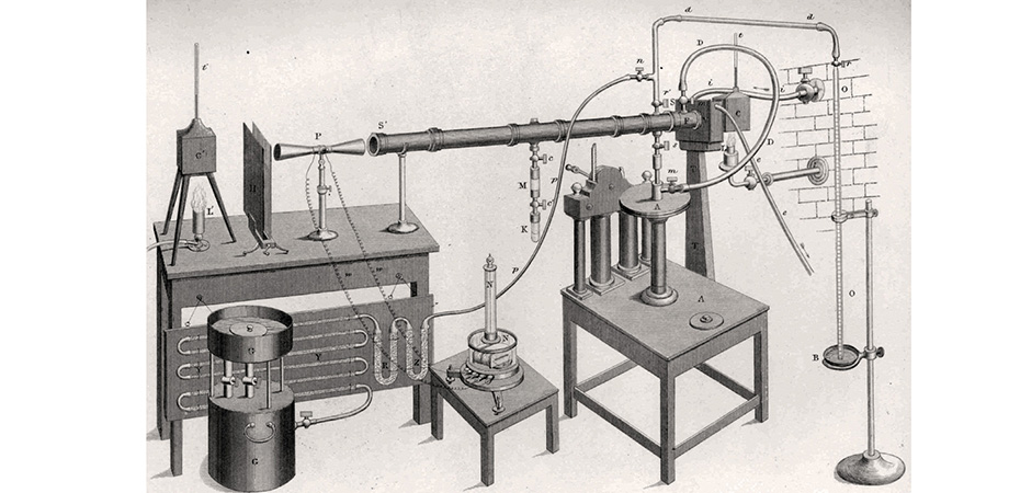 Tyndall's radiant heat measurement system, with Leslie cube at the left and differential spectrometer at the right.